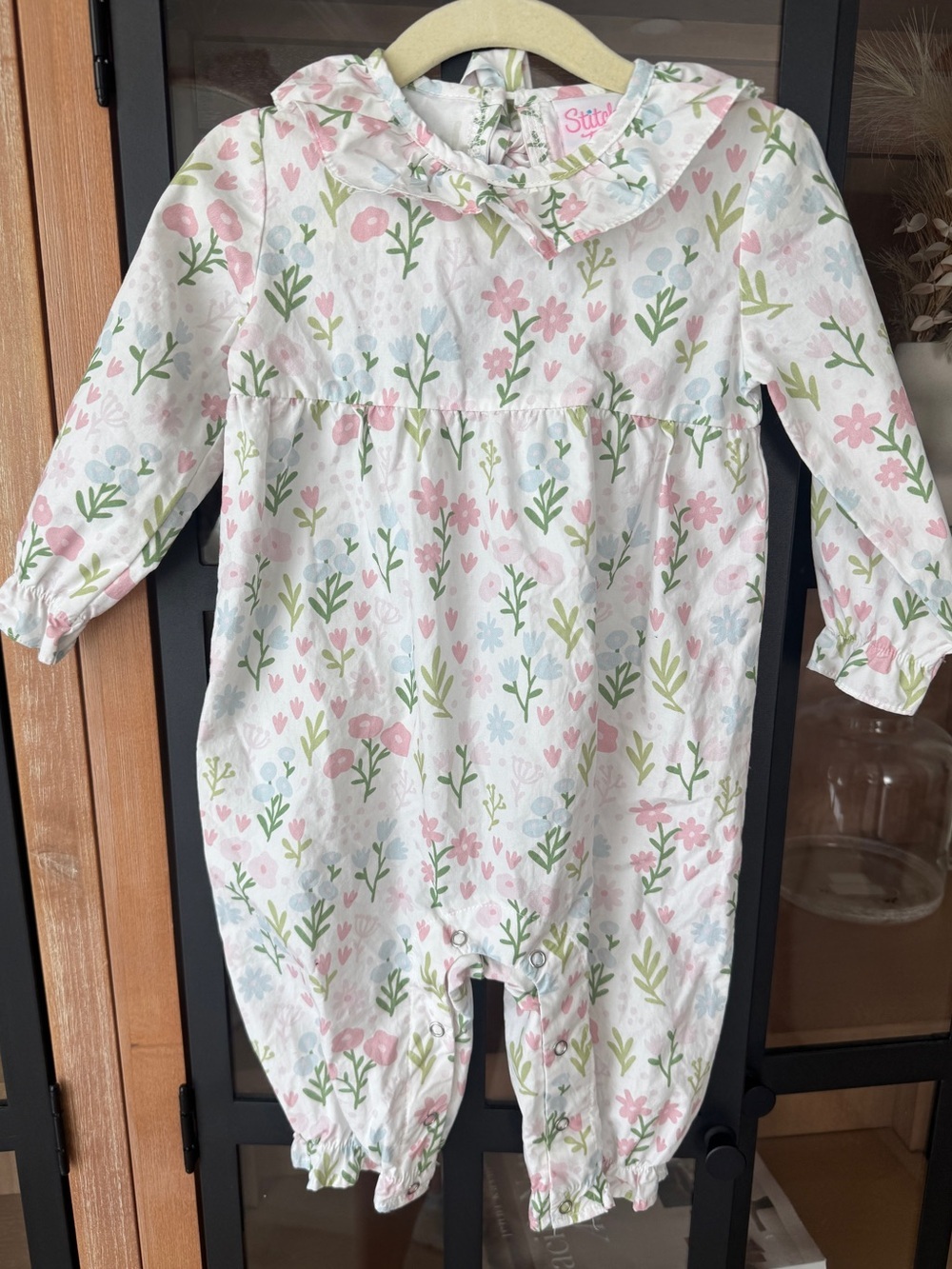 Stitchy Fish floral romper coverall bow ditsy ruffle collar baby girl